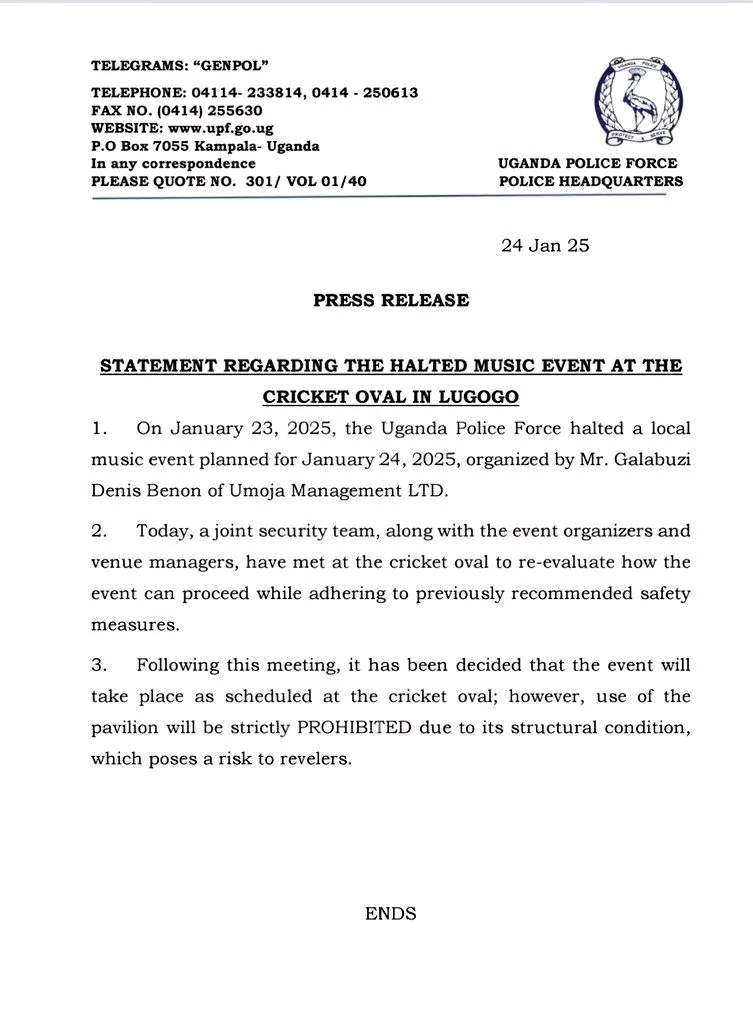 Police statement on King Saha concert